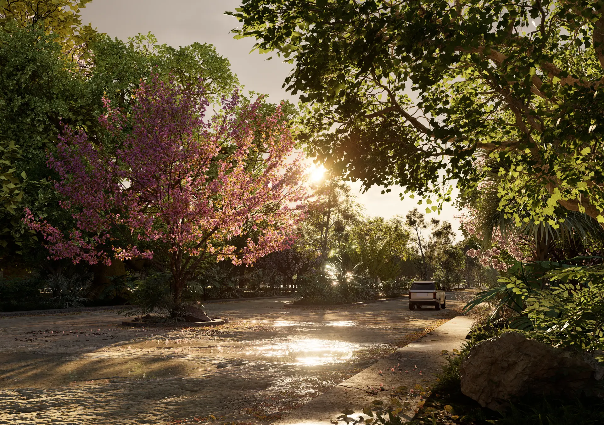 Avenida interior de Sáaskun con árboles en flor
